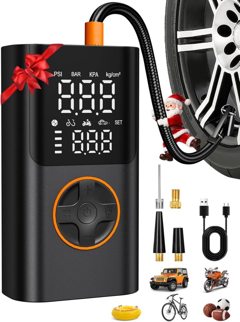 Portable digital tire inflator with LED display, attached to a car tire. Accessories include inflation nozzles, USB cable, and icons for car, motorcycle, bicycle, and inflatable. Decorative bow and small Santa figure shown.