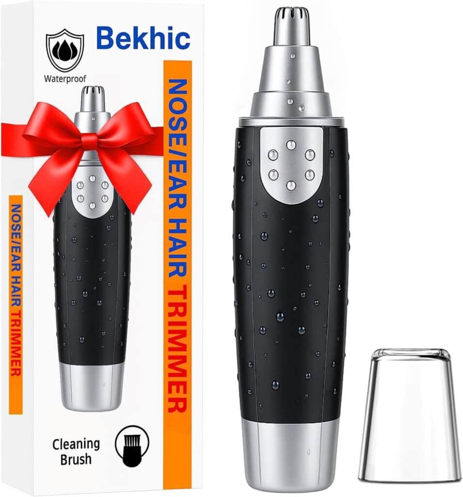 A black and silver nose and ear hair trimmer with water droplets, shown next to its packaging and a clear protective cap. The box features the brand "Bekhic" and a red ribbon graphic.