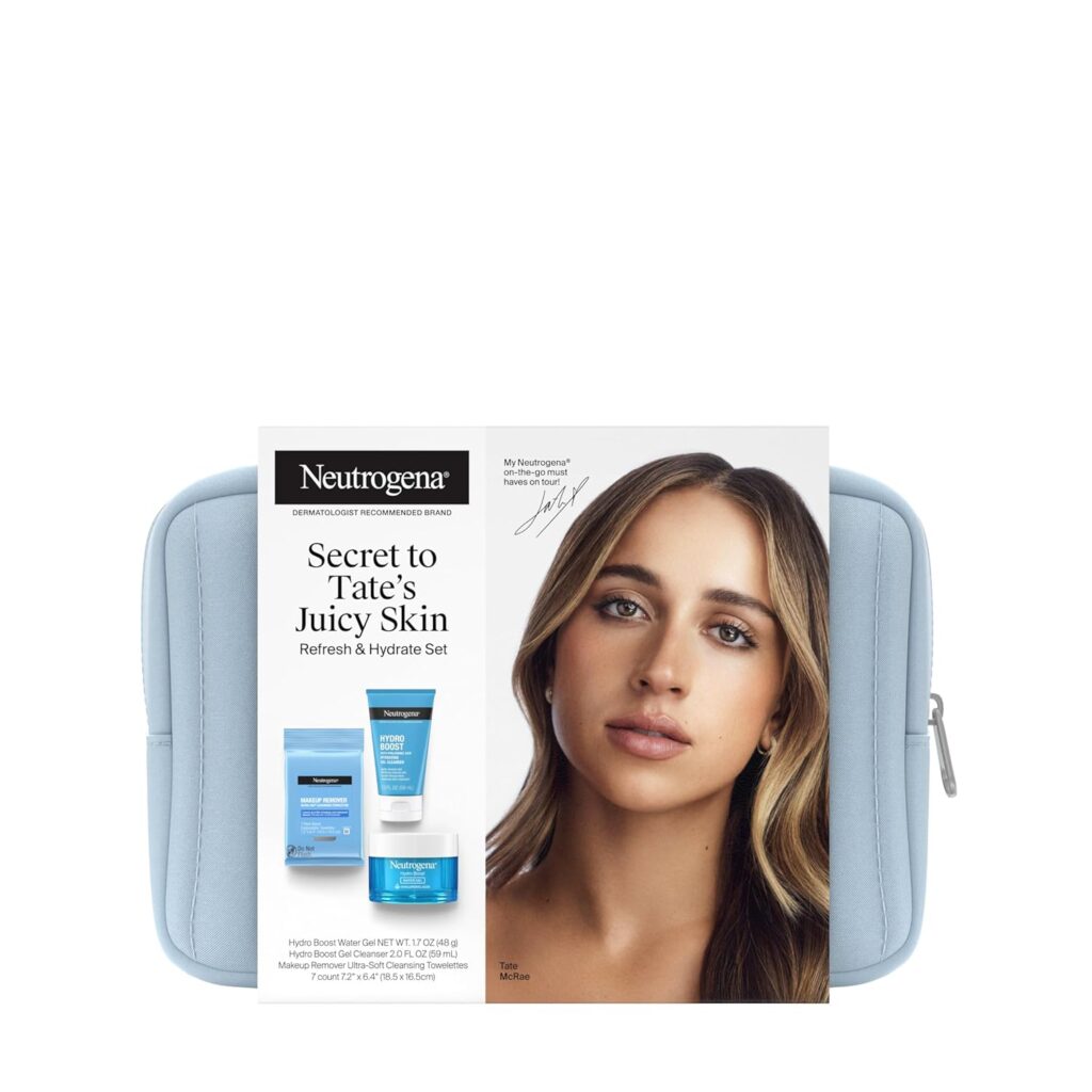 A Neutrogena skincare set in a light blue pouch features products and packaging with a photo of a woman with long, light brown hair. The box reads, “Secret to Tate’s Juicy Skin: Refresh & Hydrate Set.”.