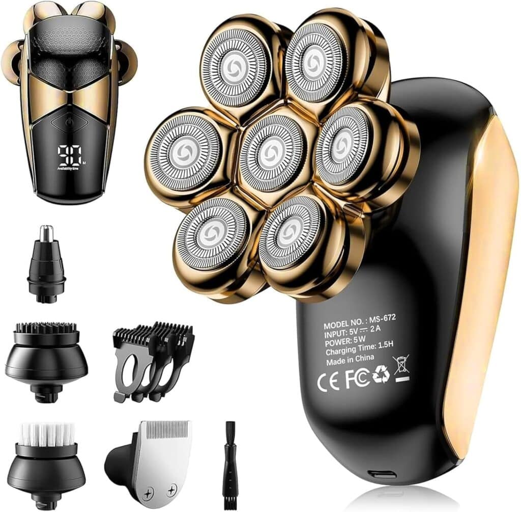 A black and gold electric shaver with seven rotary blades, an LED display, and various detachable grooming attachments, including trimmers, a cleaning brush, a nose hair trimmer, and a charging cable.