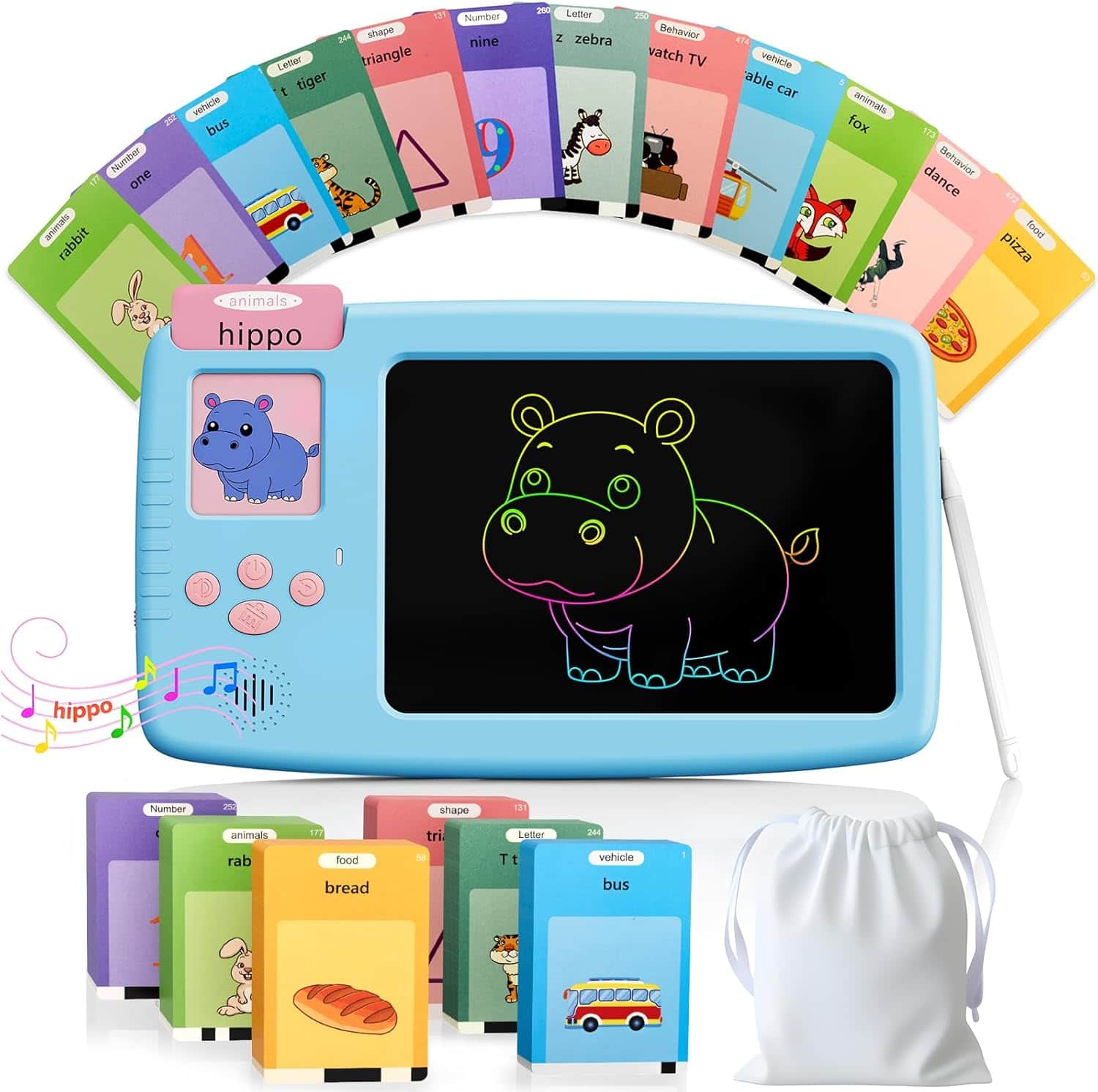 A blue drawing tablet with a colored outline of a hippo on the screen, surrounded by illustrated educational cards featuring words and pictures, and a white drawstring pouch in the foreground.
