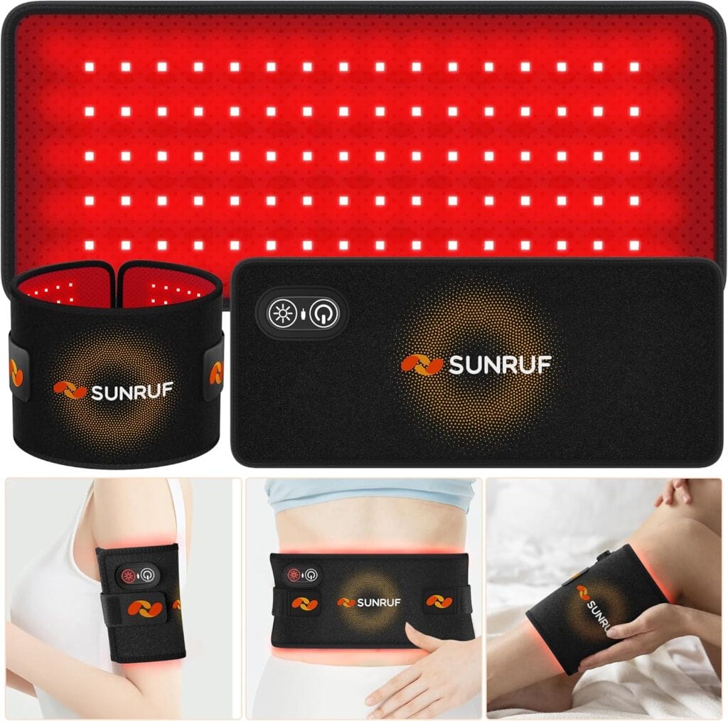 A black SUNRUF red light therapy device with LED panel, adjustable wrap, and control buttons is shown. Smaller images display the device worn on the back, waist, and arm of a person.
