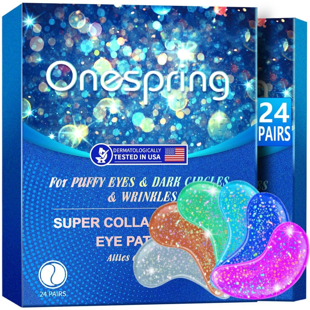 A box of Onespring Super Collagen Eye Patches for puffy eyes, dark circles, and wrinkles. The packaging is blue and sparkly, showing colorful gel patches in green, blue, orange, and purple.