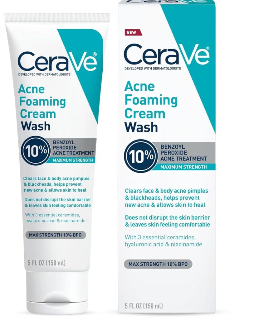 CeraVe Acne Foaming Cream Wash tube and box, both labeled with “10% Benzoyl Peroxide Acne Treatment,” highlighting acne treatment benefits, ceramides, hyaluronic acid, niacinamide, and 5 fl oz (150 ml) size.