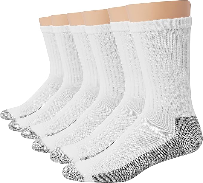 Six pairs of white crew socks with gray reinforced toes and heels are displayed on mannequins, arranged in a row against a plain white background.
