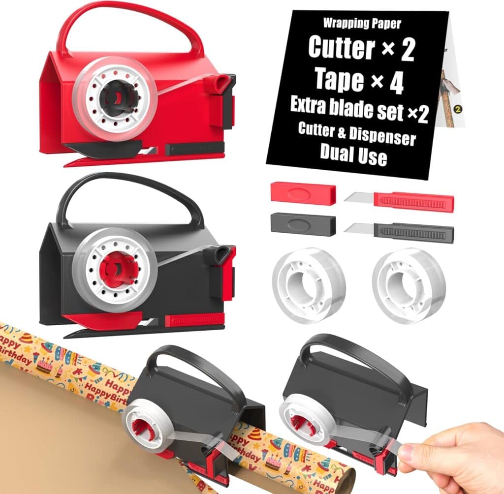 Gift wrap cutter and dispenser set, featuring two cutters (red and black), four tape rolls, two extra blades, and dual-use for cutting and dispensing wrapping paper. Demonstrates device in use cutting gift wrap.