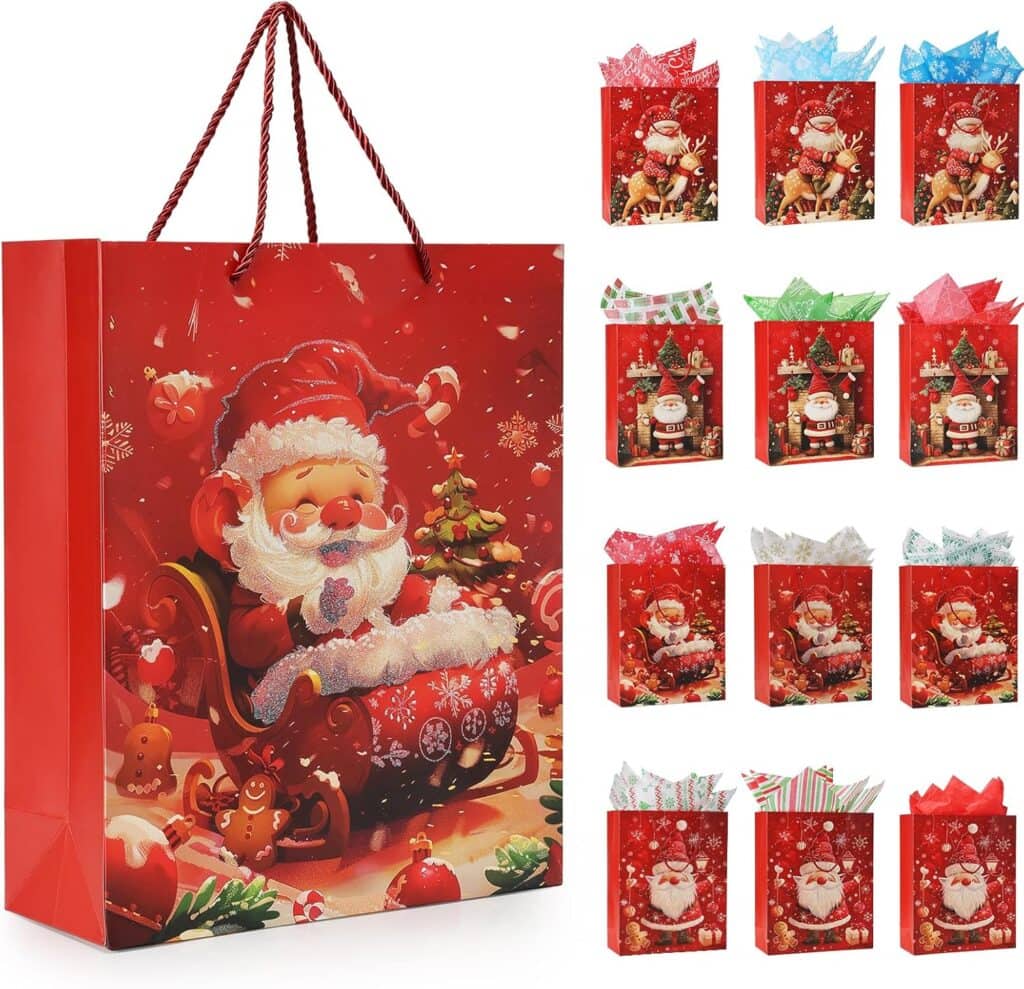 Large red gift bag with an illustration of Santa Claus in his sleigh, surrounded by festive decorations. To the right, there are twelve smaller gift bags with various Christmas-themed Santa designs and colorful tissue paper.