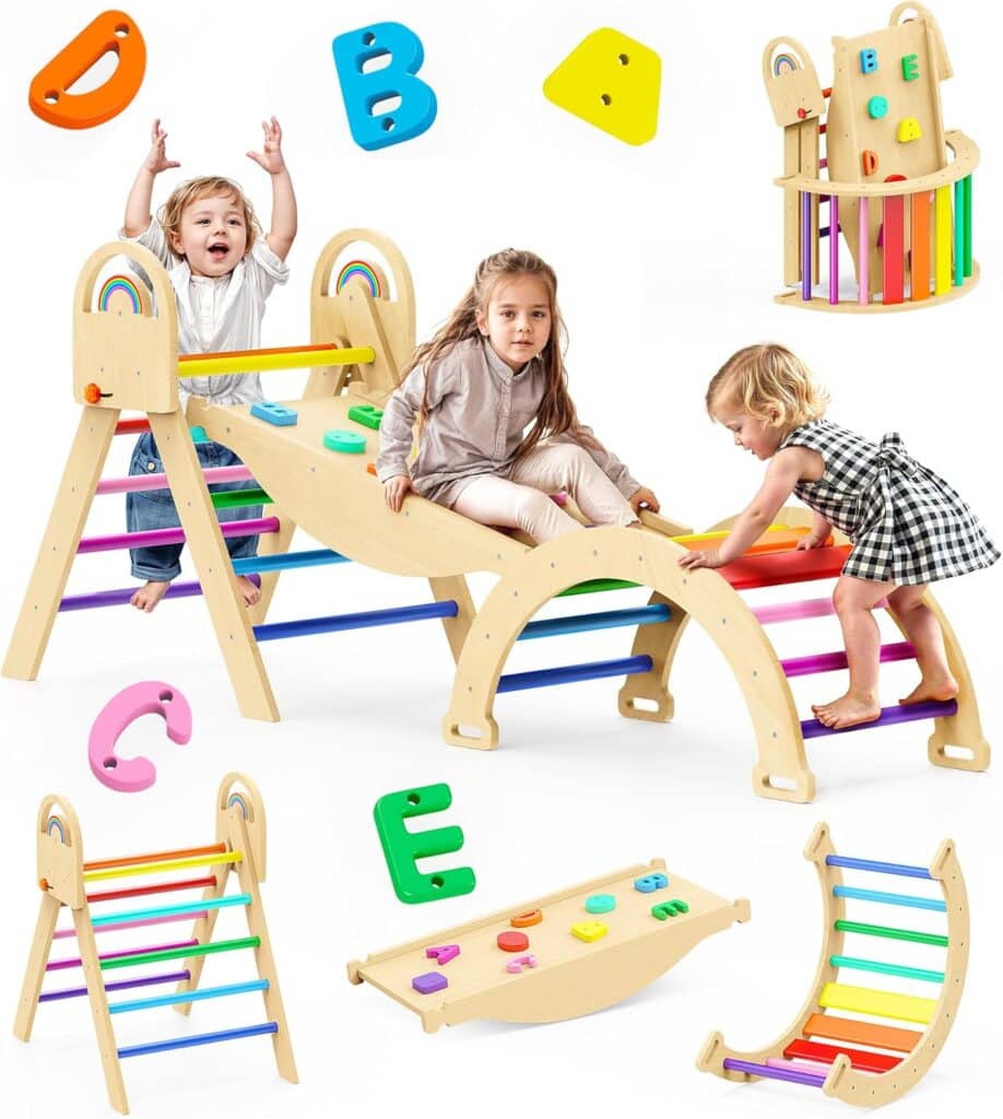 Three young children play on a colorful wooden climbing structure with a slide and rainbow details. Large, colorful letters and smaller images of the play equipment are shown around them.