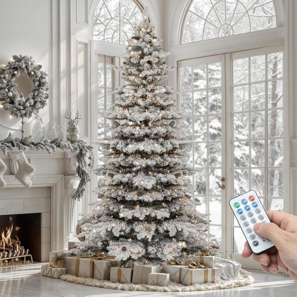 A Pre-Lit Flocked Christmas Tree with snowy white branches stands in a bright, elegant living room with large windows, presents underneath, a cozy fireplace, and a hand holding a remote control in the foreground.