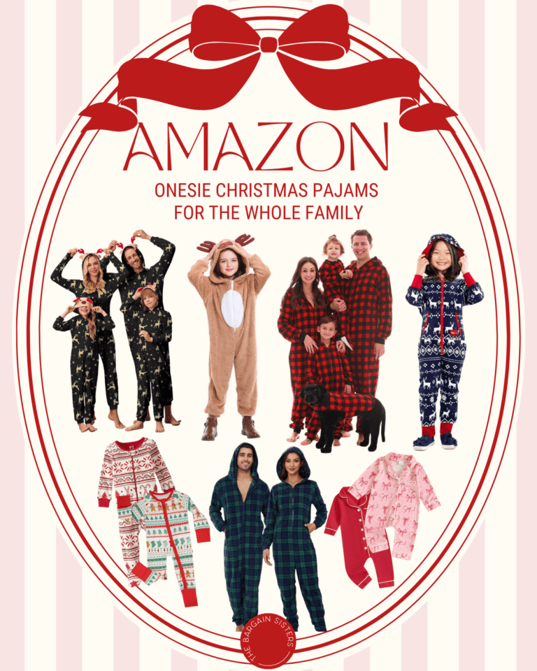A festive Amazon ad shows families and children in colorful Christmas pajamas and onesies, including reindeer and plaid patterns, surrounded by more pajama sets under a red bow with text promoting cozy Christmas onesie pajamas for all.