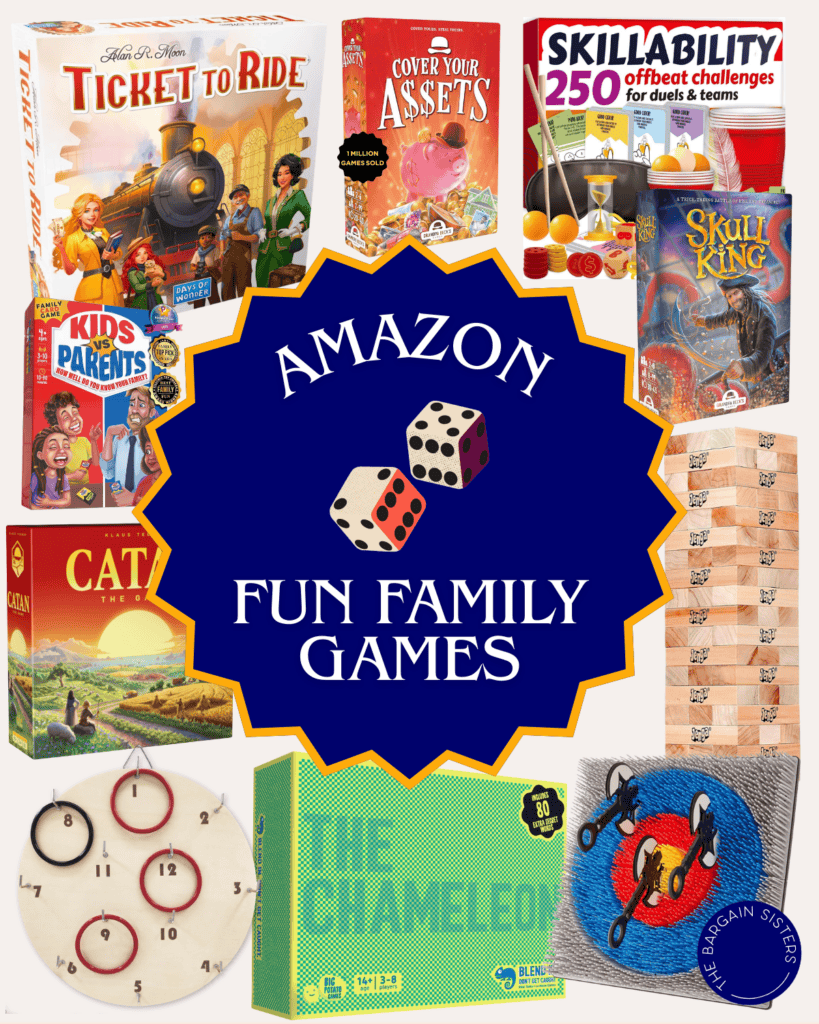 A collage of fun family games, like Ticket to Ride, Skull King, Kids vs Parents, Catan, and more surrounds a central banner reading “Amazon Fun Family Games”—perfect get together games for everyone to enjoy!.