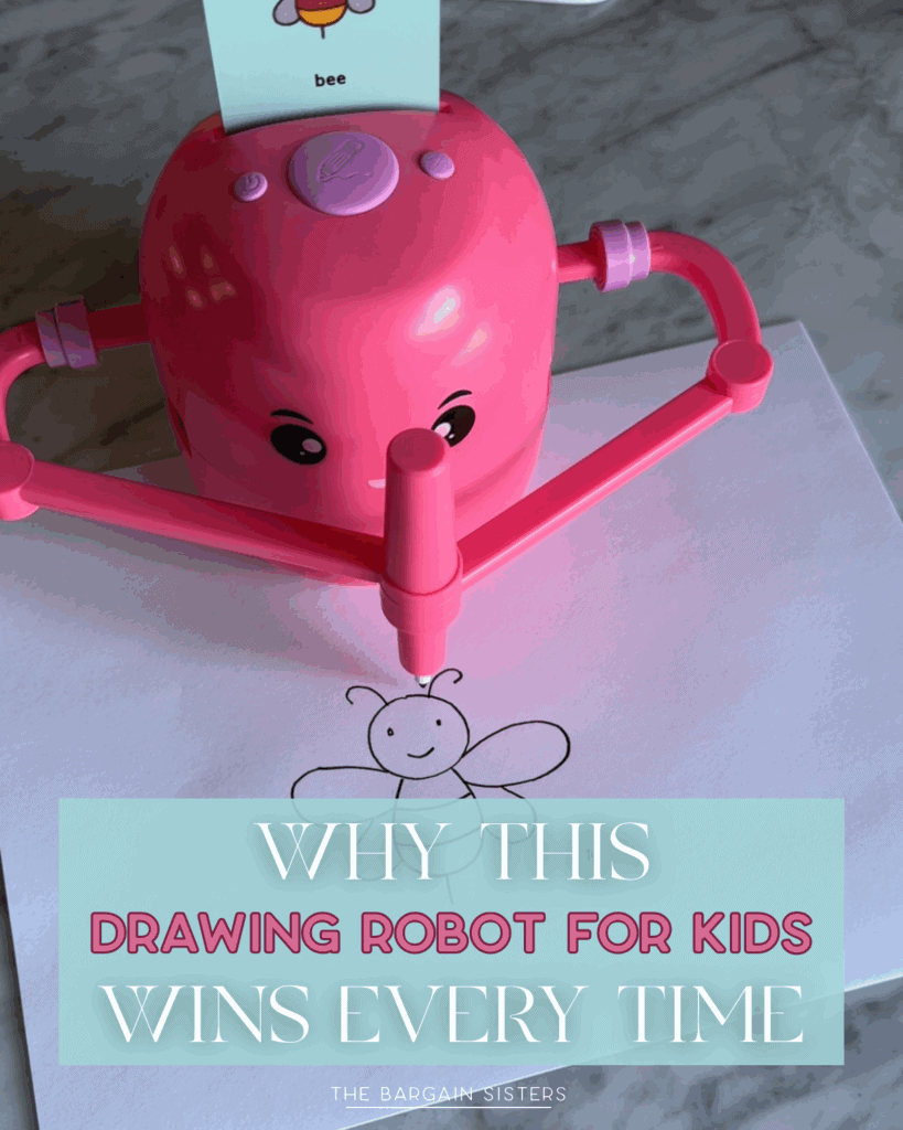 A pink drawing robot for kids draws a simple bee on white paper. A bee card is inserted on top of the robot. Text overlay reads: "Why this drawing robot wins every time.
