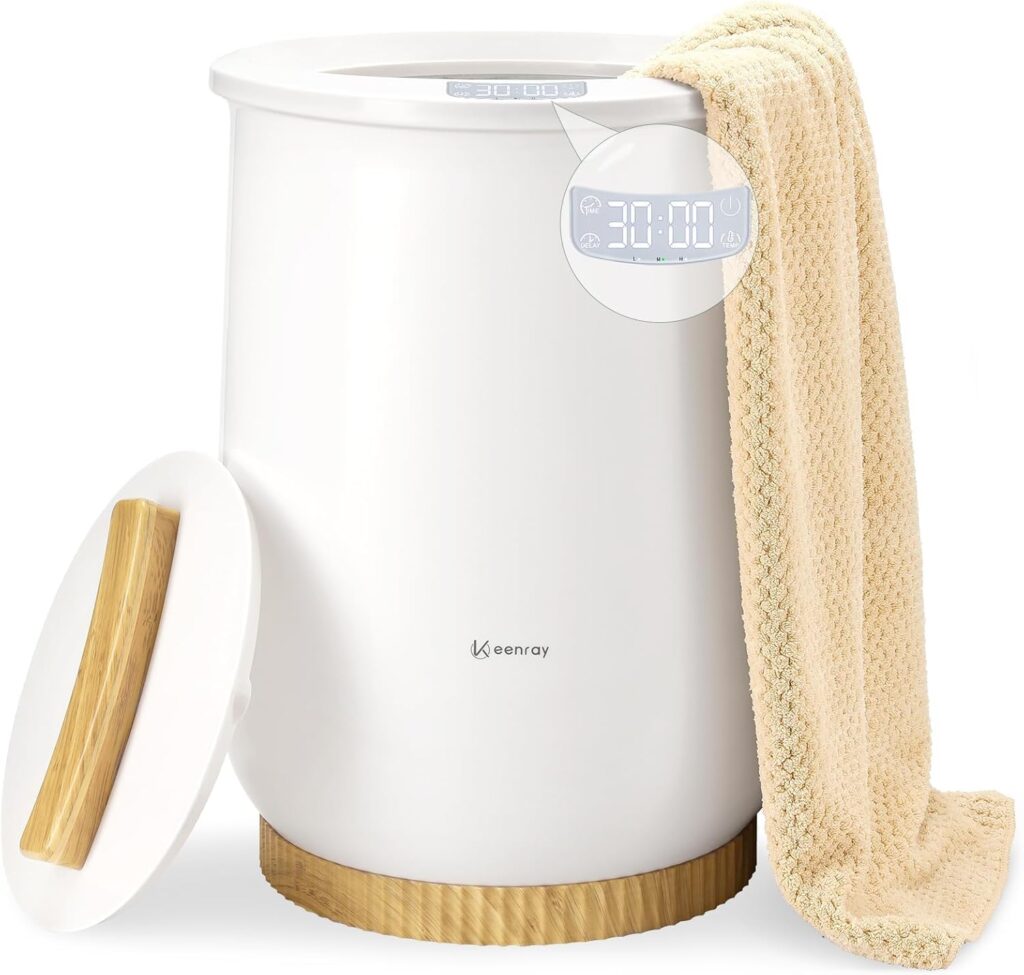 A white electric foot spa with a digital timer display set to 30:00, a wooden-textured base and lid, and a beige towel draped over the edge. The brand name "Seenray" is visible on the front.