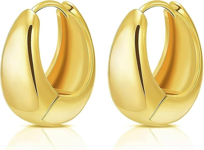 Pair of shiny, chunky gold plated hoop earrings featuring a smooth, polished surface and a modern, thick design, set against a white background.