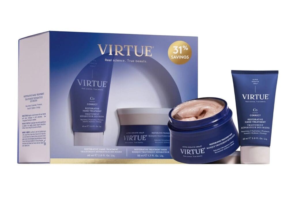 Virtue hair treatment set includes a boxed set, an open jar of cream, and a blue tube labeled "Virtue Correct Restorative Treatment Mask." The box displays product images and highlights 31% savings.