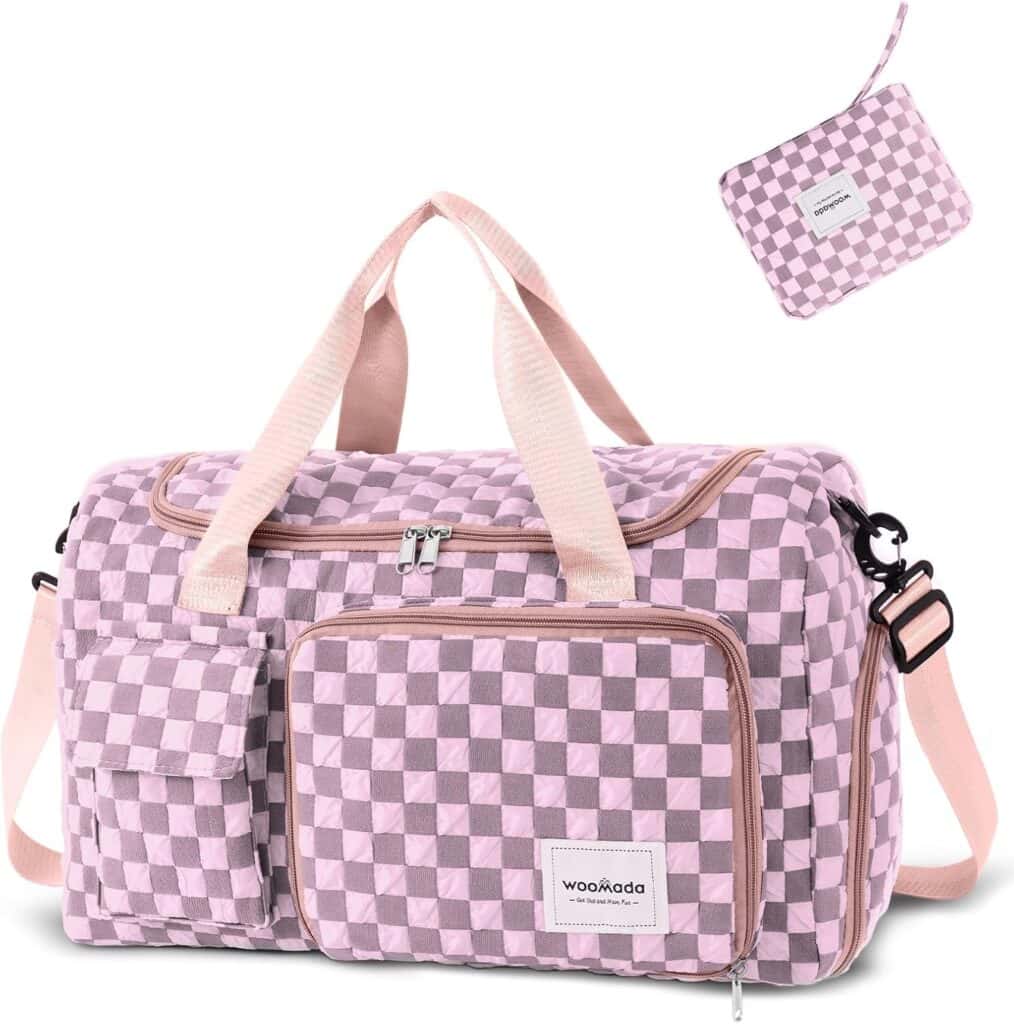 A pink and white checkered duffel bag.