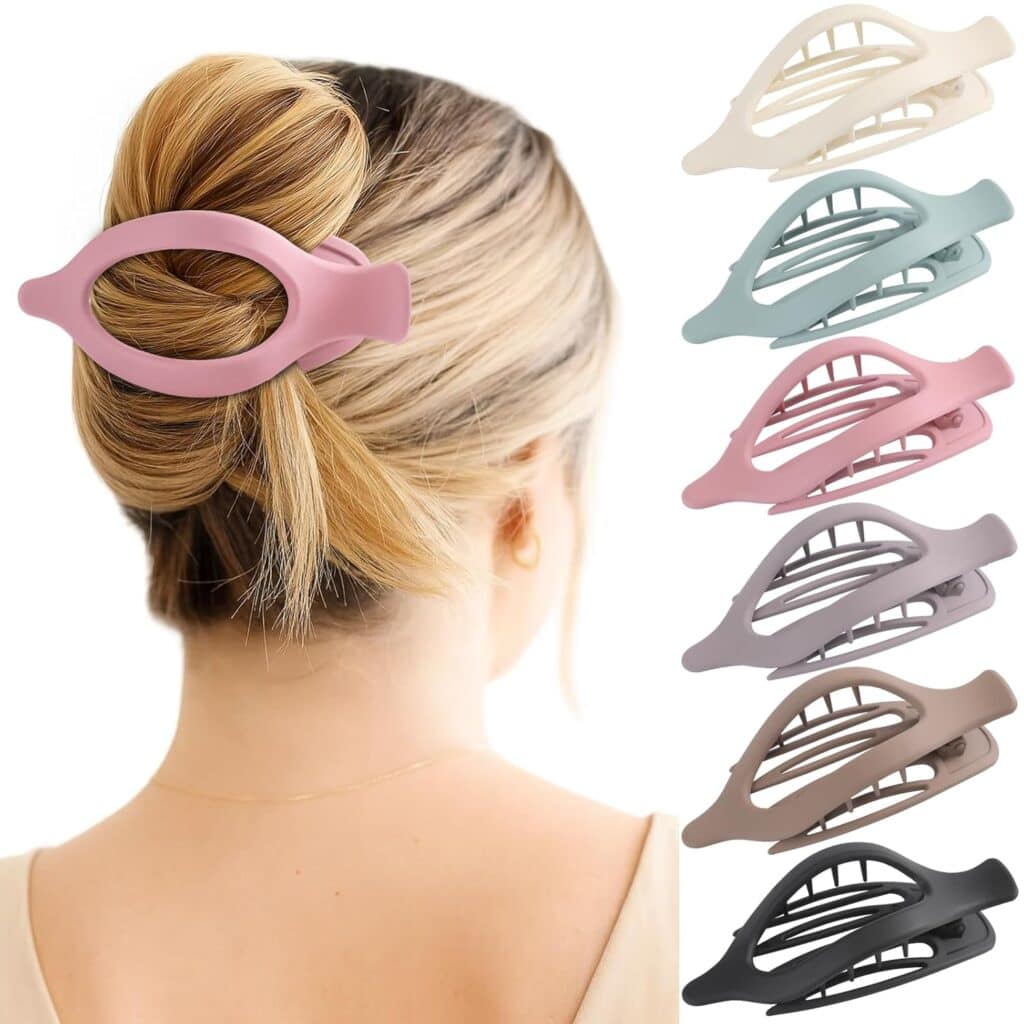 A woman with blonde hair wears a pink claw hair clip. Next to her are six clips in beige, green, pink, purple, brown, and black—each displayed individually on a white background. Perfect for fresh Thursday Deals!.