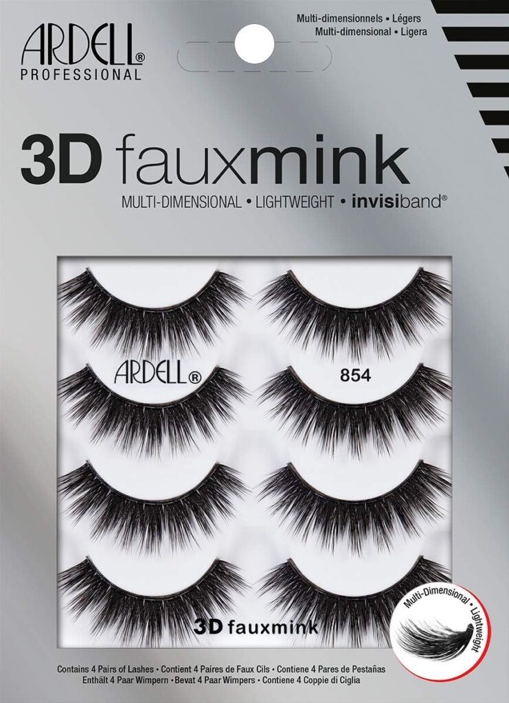 Ardell Professional 3D Faux Mink Lashes package, featuring four pairs of multi-dimensional, lightweight, black false eyelashes labeled "854" in a clear window on a silver background—now 69% off.