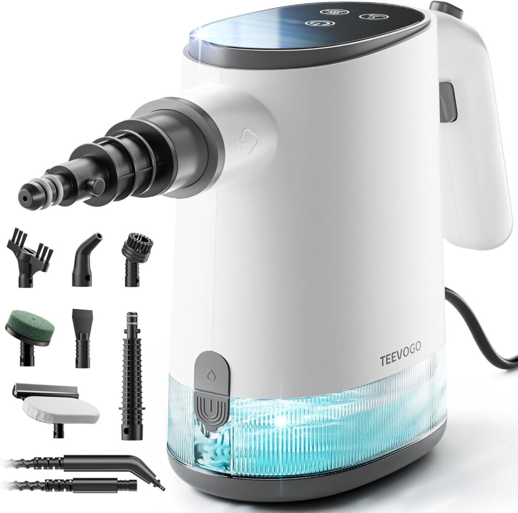 A white and black handheld steam cleaner labeled "TEEVOGO" with a translucent blue water tank, shown alongside various interchangeable nozzle and brush attachments—perfect for Thursday Deals on cleaning essentials.