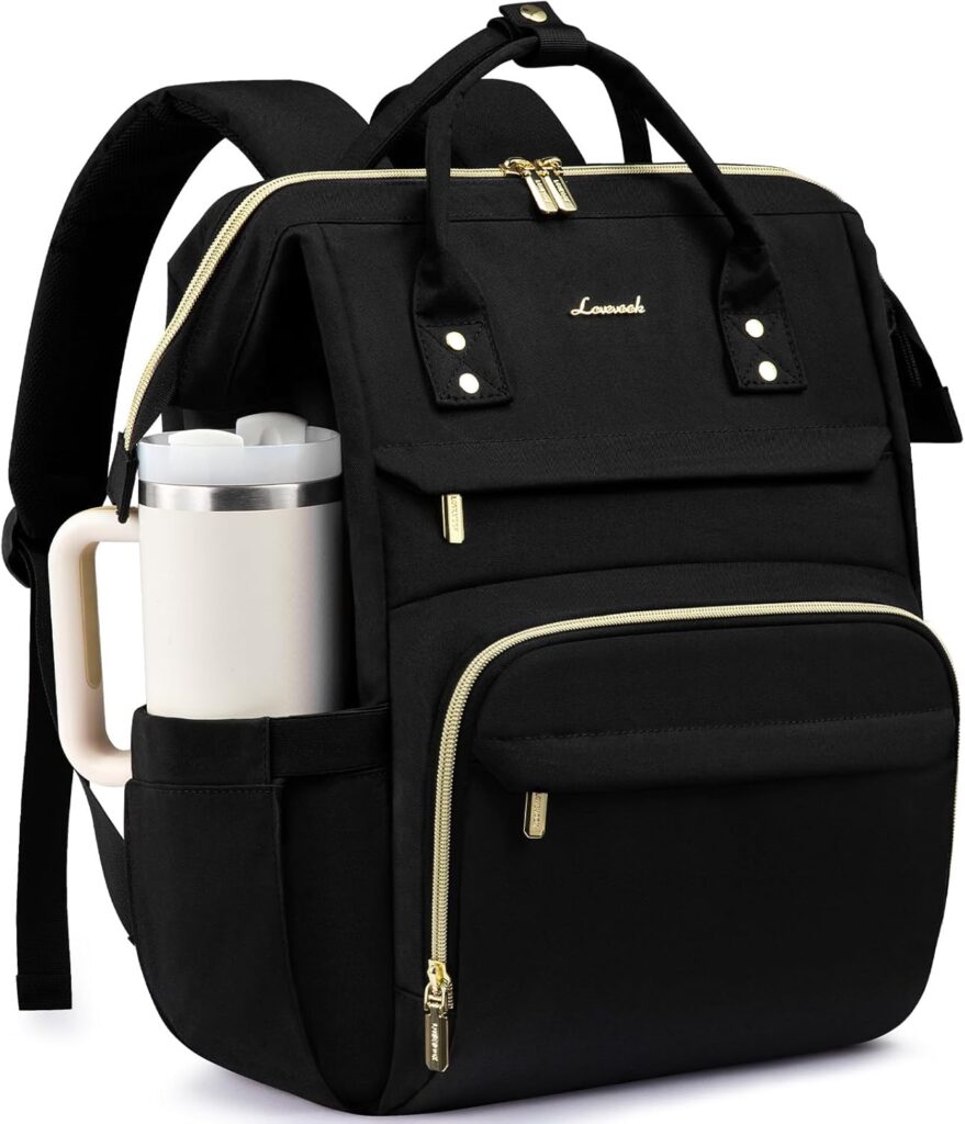 A black backpack with gold zippers and a top handle, featuring multiple zippered compartments and a side pocket holding a white tumbler.
