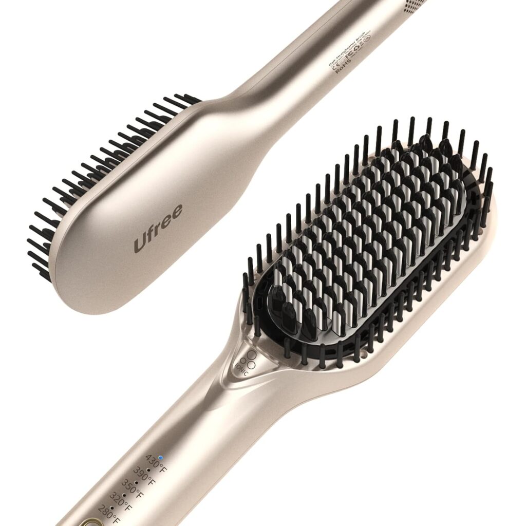 A gold Ufree electric hair straightening brush is shown from two angles, highlighting its bristle design, digital controls with temperature settings, and sleek metallic finish.