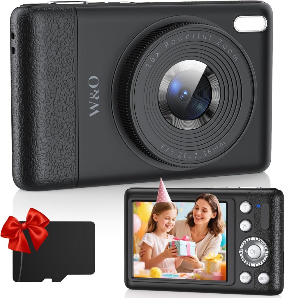 A digital camera with a textured grip, large lens labeled "16x Powerful Zoom," and a rear display showing a woman and child celebrating a birthday. A red-bowed memory card is included beside the camera.