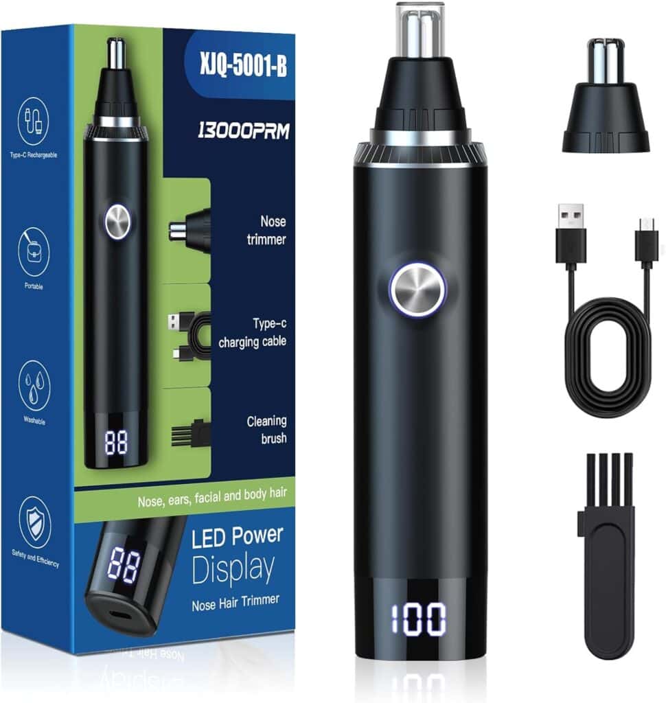Black electric nose hair trimmer with LED display, detachable head, USB Type-C charging cable, and cleaning brush. The product and accessories are shown next to the packaging box with feature icons.