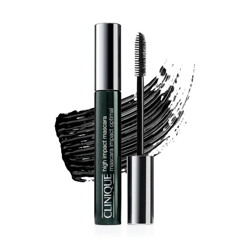 Clinique High Impact Mascara in a dark green tube with silver cap, shown open with the wand exposed. Black mascara is swiped in the background, highlighting the product’s color and texture.