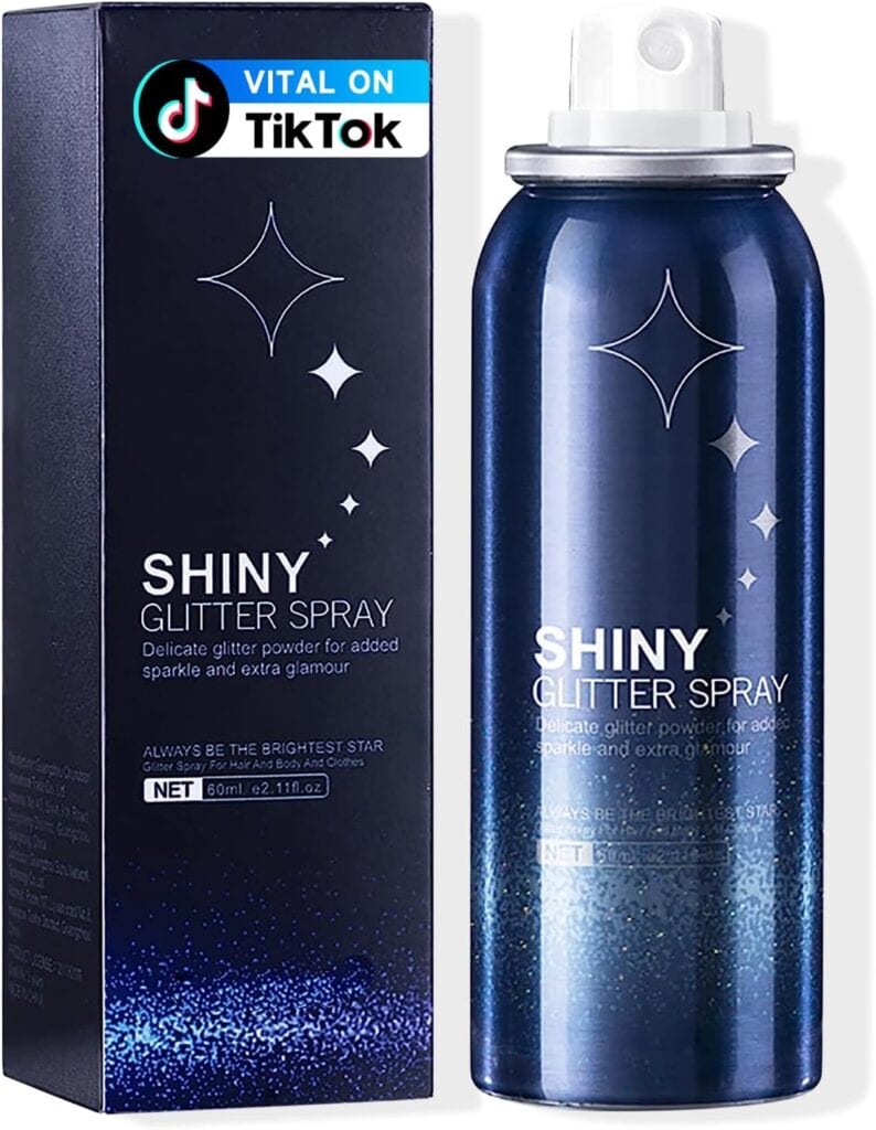 A blue can of Shiny Glitter Spray stands next to its matching box. Both feature white text and sparkly star graphics. The box has a "VITAL ON TikTok" label in the top left corner.