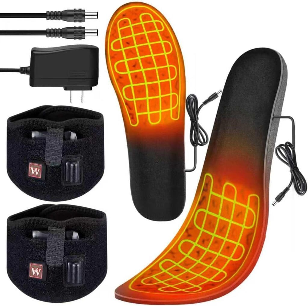 Heated insoles with visible warming elements, a charger, and two black adjustable battery pouches with straps, all displayed on a white background.