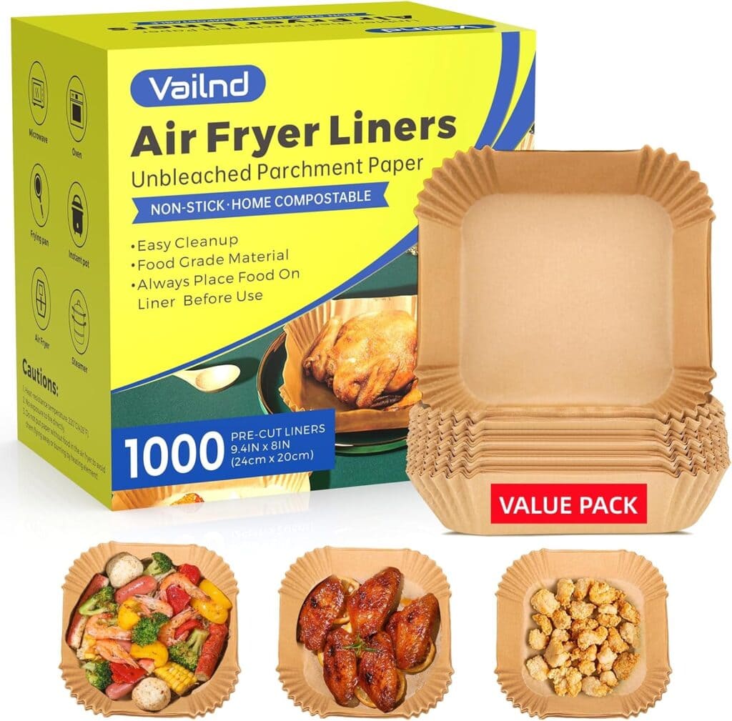 A box of Vailnd Air Fryer Liners with unbleached parchment paper is shown. Next to the box are stacked liners and dishes with cooked vegetables, chicken wings, and popcorn in liners. The box says "1000 Value Pack.