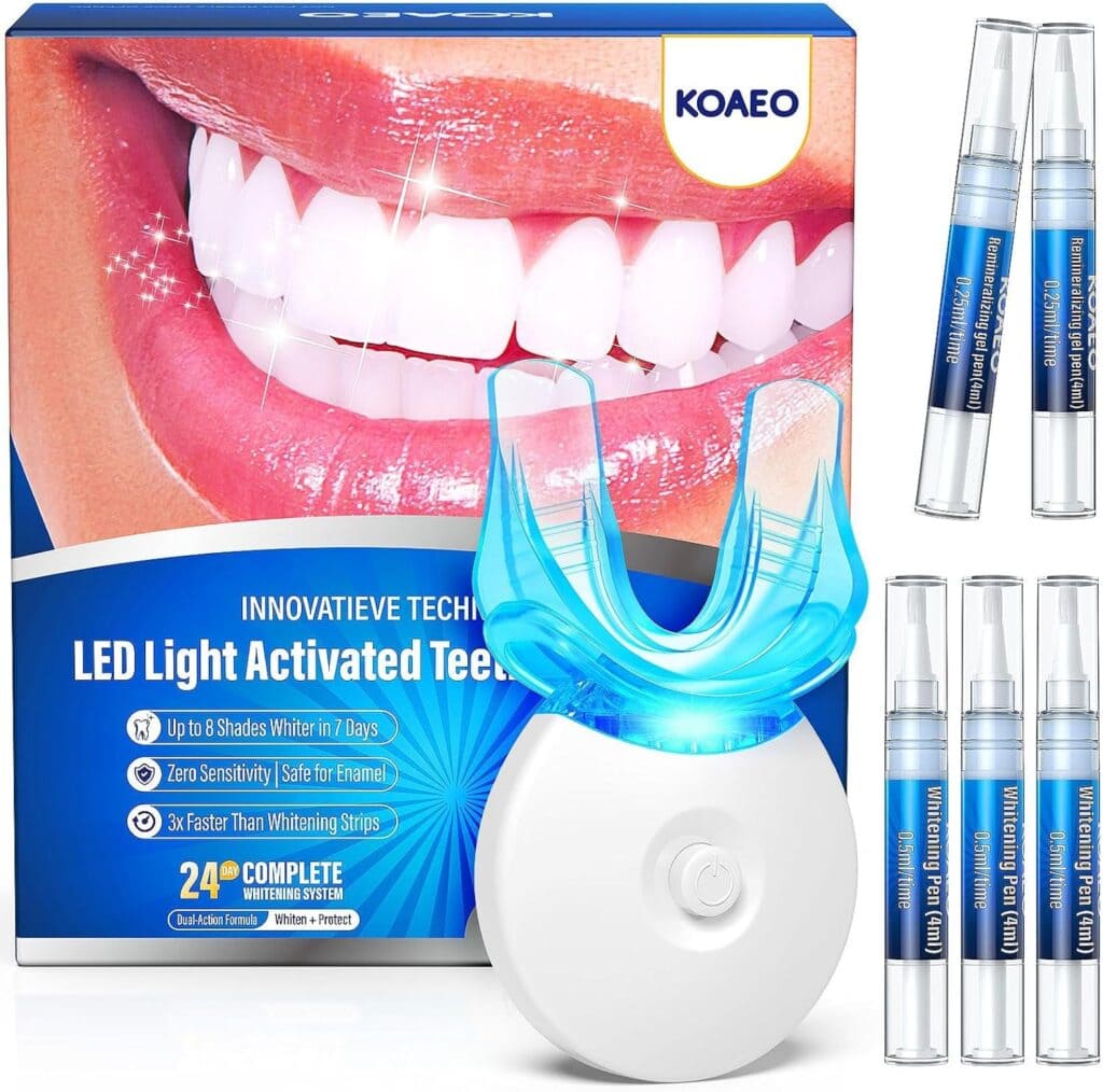 KOAEO LED Light Activated Teeth Whitening Kit box with a blue mouth tray device and four whitening gel pens. The box displays a large smile, product claims, and instructions on a blue background.