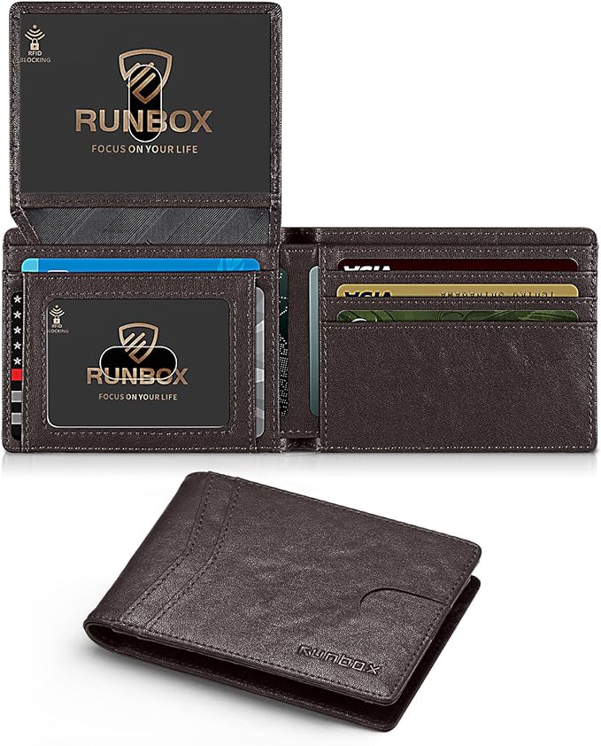A brown RUNBOX wallet is shown open, revealing multiple card slots filled with cards, and an ID window. Below, the wallet is displayed closed, showcasing its slim and compact design.