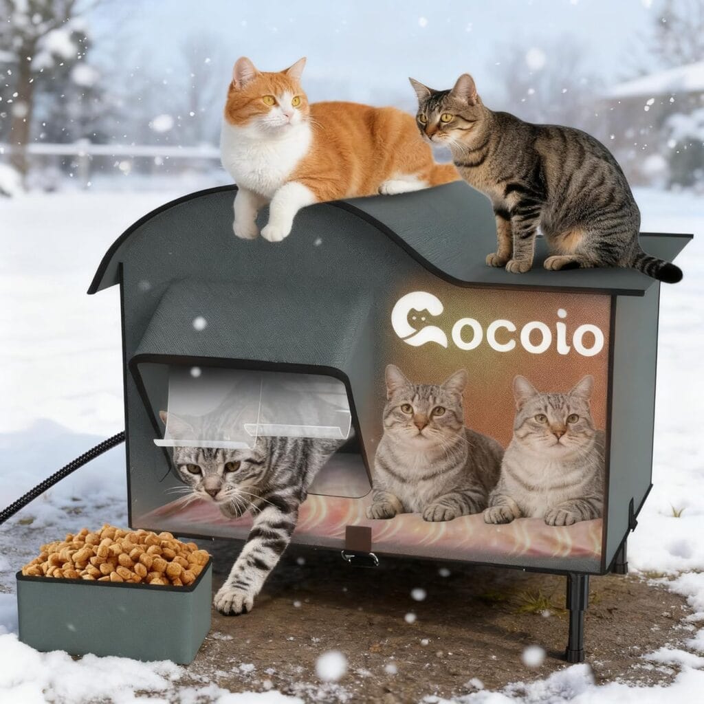 Five cats are gathered around and inside a small, dark pet house on a snowy day. Two cats sit on the roof, while three tabby cats rest inside. A box of dry food sits nearby. Snowflakes are falling around them.
