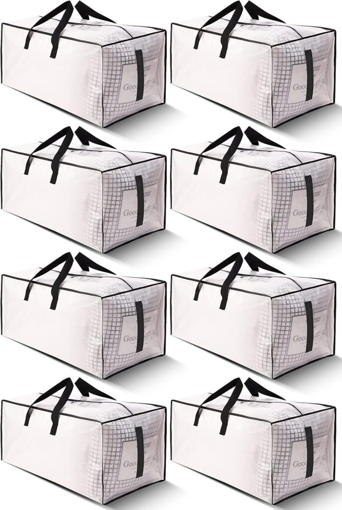 Eight identical large white storage bags with black zippers and handles are arranged in two columns and four rows, each bag featuring a grid pattern on one side.