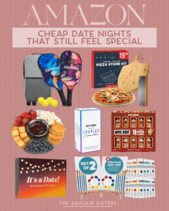 A collage of affordable date night items, including pickleball paddles, pizza stone kit, fruit and cheese platter, date night scratch-off cards, couples conversation cards, movie night cards, paint set, and marker set, on a pink background.