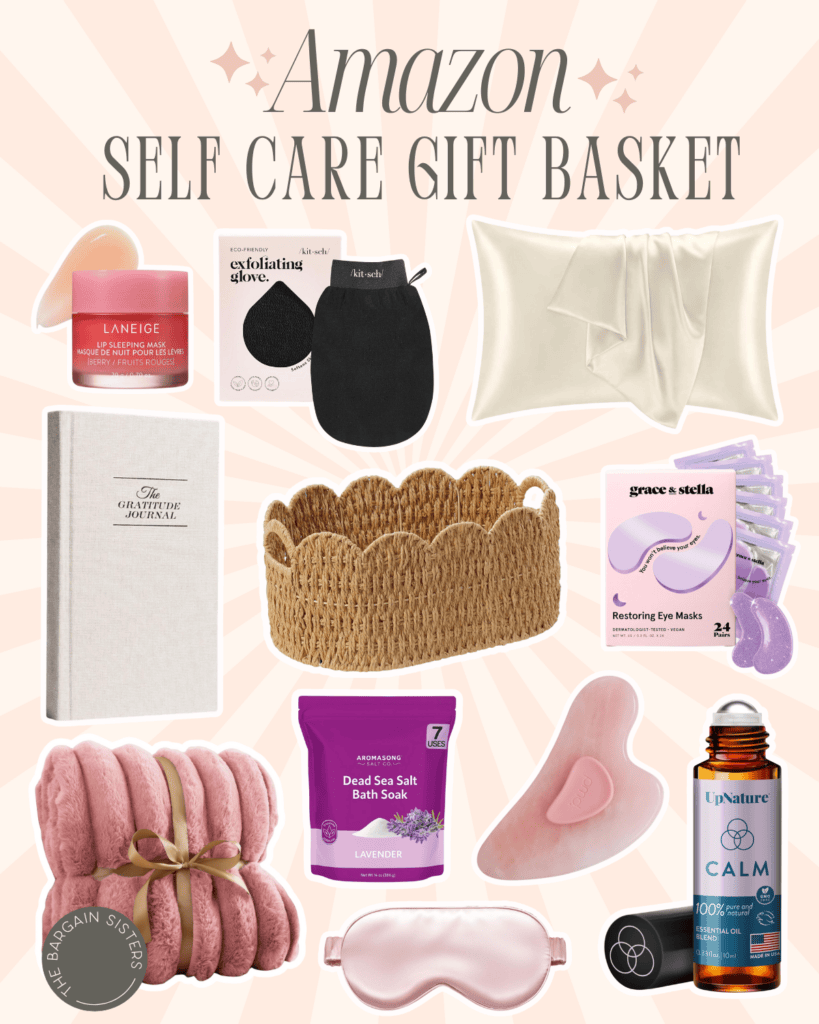 A collage of self-care products from Amazon, perfect for a self care gift basket, including a sleep mask, silk pillowcase, bath soak, exfoliating glove, eye masks, lip mask, journal, bath bombs, a basket, and calming essential oil.