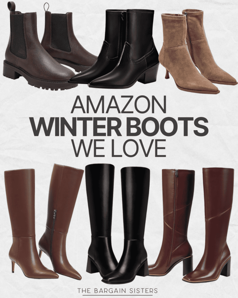 A collage of eight pairs of stylish women’s winter boots in various styles and colors, displayed above the text "Amazon Winter Boots We Love" and "The Bargain Sisters" on a light background.