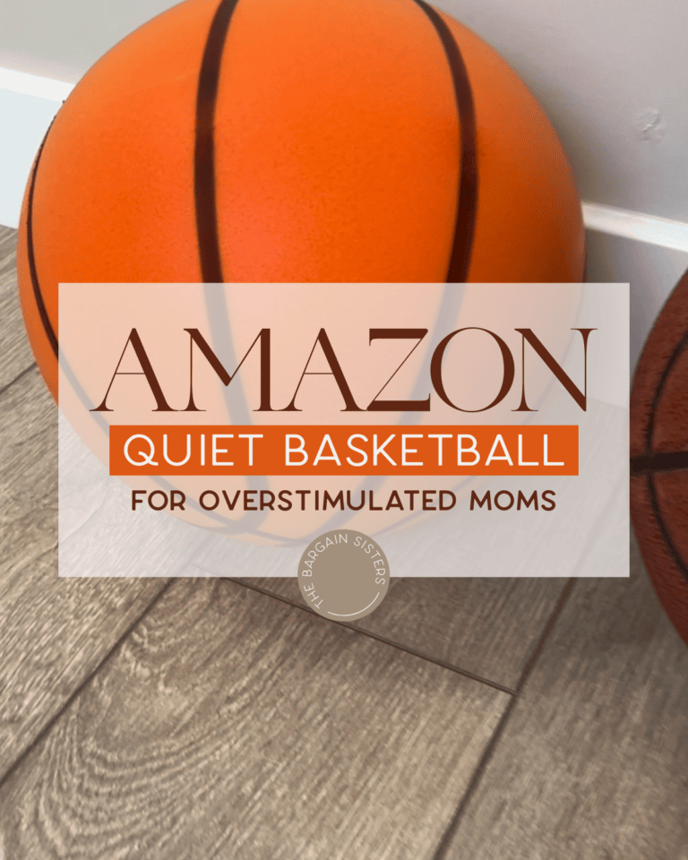 A close-up of an orange Quiet Basketball on a wooden floor next to a brown Kids Basketball. Overlaid text reads: "Amazon Quiet Basketball for overstimulated moms.