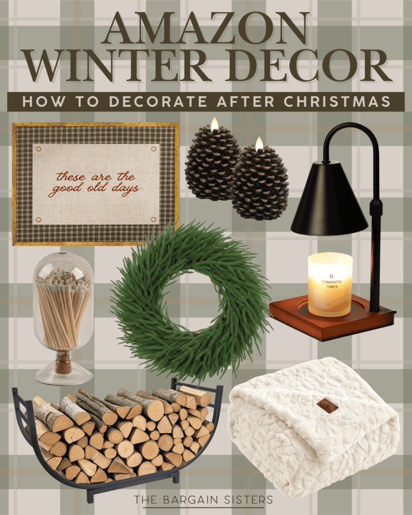 A collage of winter home decor items: a framed sign, pinecone candles, black lamp, lit candle, glass jar of matches, green wreath, stack of firewood in a metal holder, and a white textured blanket. Text reads "Amazon Winter Decor.