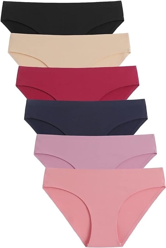 Six pairs of women's seamless underwear are arranged in a vertical stack, each in a different color: black, beige, red, navy blue, light purple, and light pink.