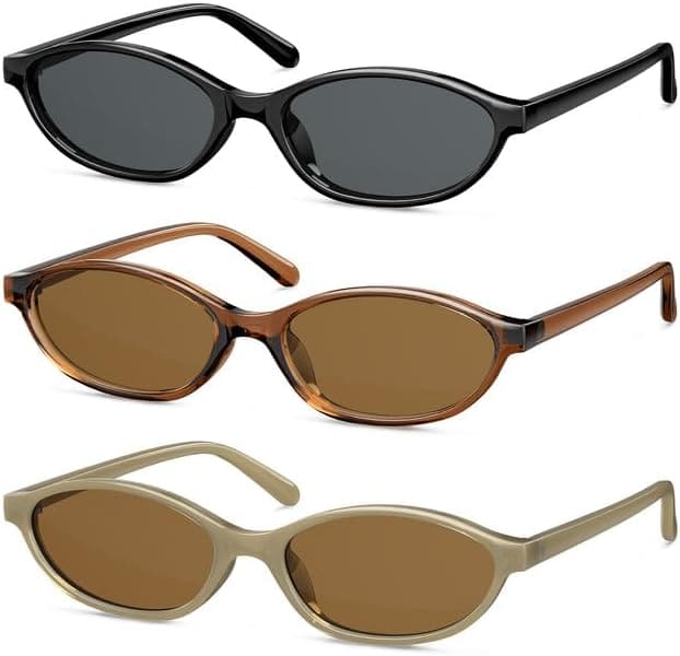 Three pairs of oval-shaped sunglasses with thick frames in black, brown, and beige colors, each with matching tinted lenses, arranged in a vertical row on a white background.