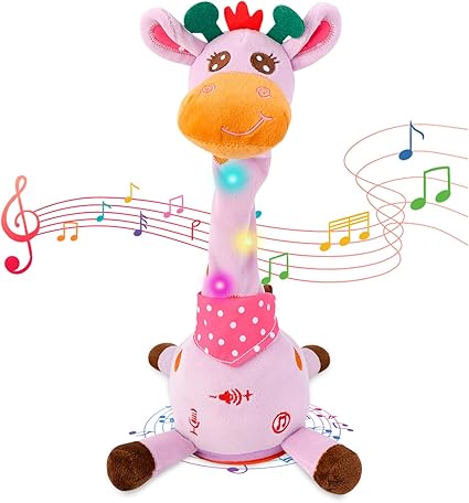 A pink plush Dancing Talking Giraffe Toy with a long neck and polka dot scarf sits upright. Colorful music notes float around it, while small lights glow along its neck, hinting it plays music, talks, or even dances.