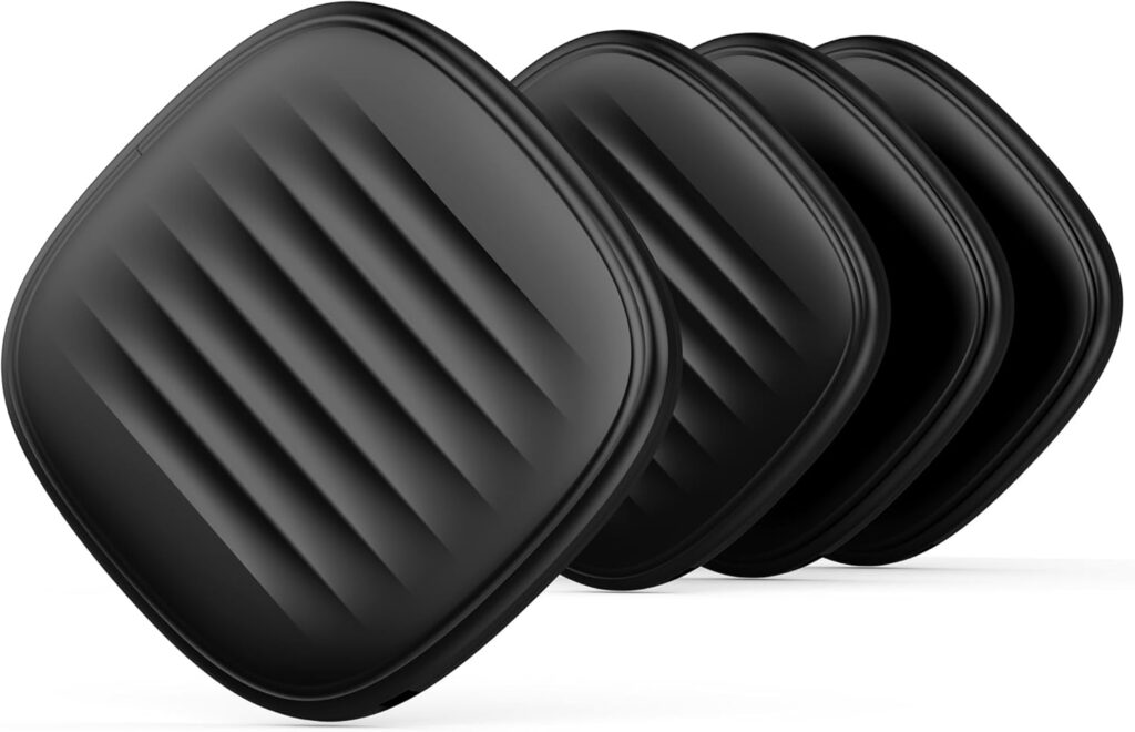 Four black, square-shaped silicone trivets with rounded corners and raised diagonal ridges, arranged in a slightly overlapping row on a white background.