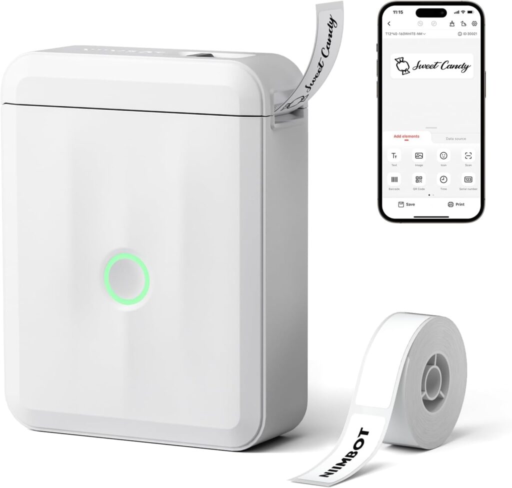 A white label printer with a glowing circular button, a printed label coming out, a roll of labels, and a smartphone displaying the printing app interface.