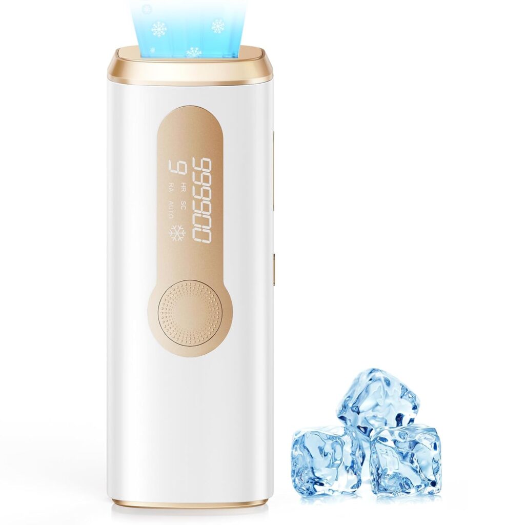 A white and gold handheld device with a digital display showing numbers and snowflake icons, emitting a blue light, is placed next to three ice cubes on a white background.