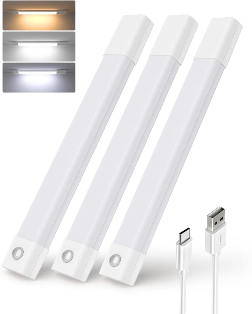 Three sleek, white LED light bars with a button on one end are shown with a USB charging cable. Insets display the lights glowing in warm, neutral, and cool white tones.