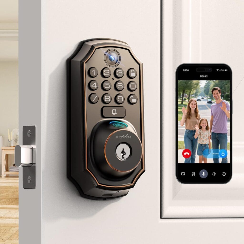 A smart door lock with a keypad and camera is installed on a door. Next to it, a smartphone screen shows a video call with a smiling family of four standing outside.