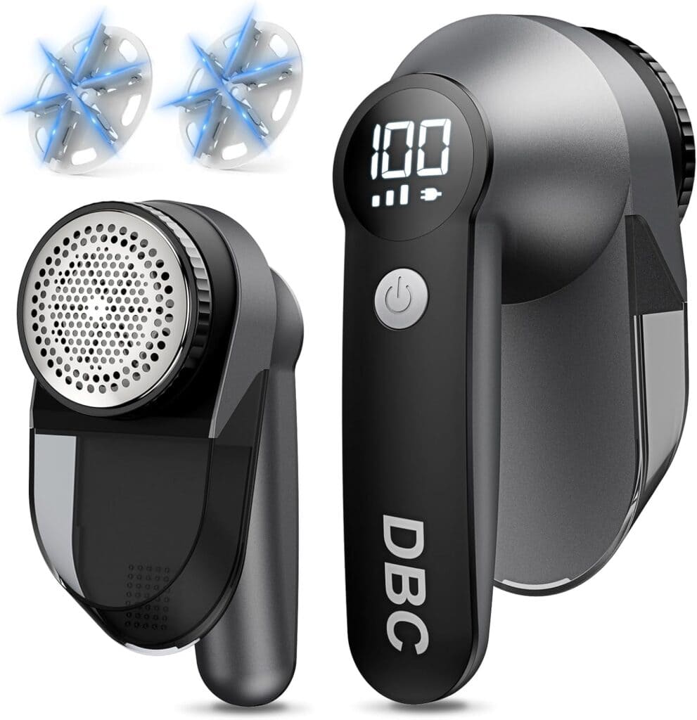 Two black electric lint removers with digital displays and power buttons are shown. Blue replacement blades are also pictured above the devices. The brand "DBC" is printed on one handle.
