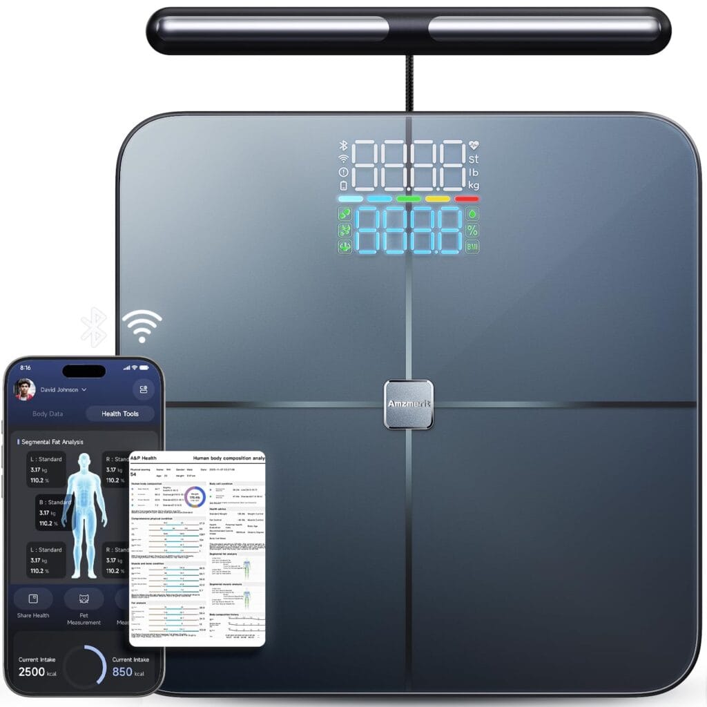 A digital smart scale with a display showing measurements, accompanied by a smartphone displaying health stats and body composition data. The scale has a sleek black design and wireless connectivity icons.